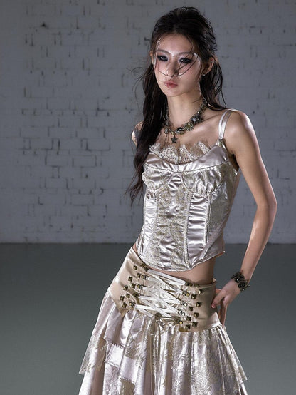 NO ROMANCE Vintage Court Waist Cinching Lace Trim Boned Bustier Women&