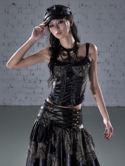 NO ROMANCE Vintage Court Waist Cinching Lace Trim Boned Bustier Women&