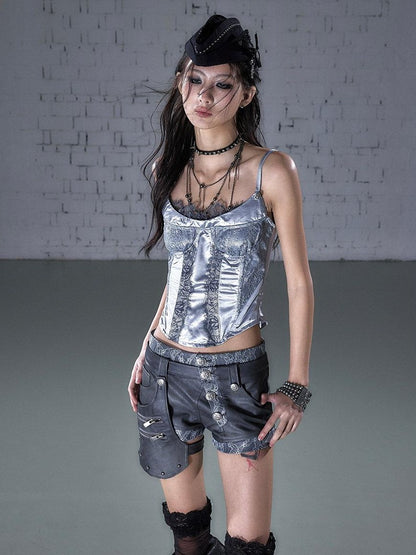 NO ROMANCE Vintage Court Waist Cinching Lace Trim Boned Bustier Women&