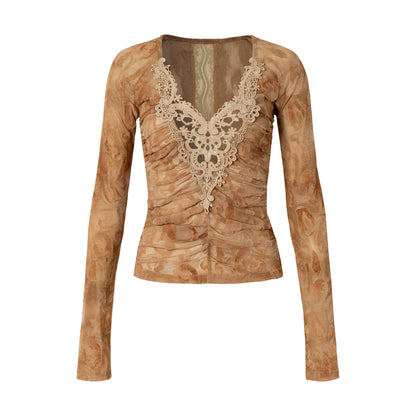 NO_ROMANCE_Vintage_Crochet_Flocked_Lace_Slim_V-neck_Women&