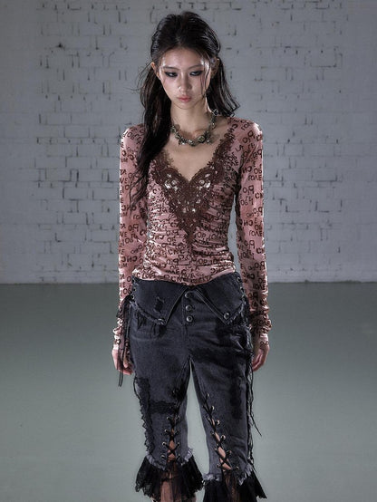 NO ROMANCE Vintage Crochet Flocked Lace Slim V-neck Women&