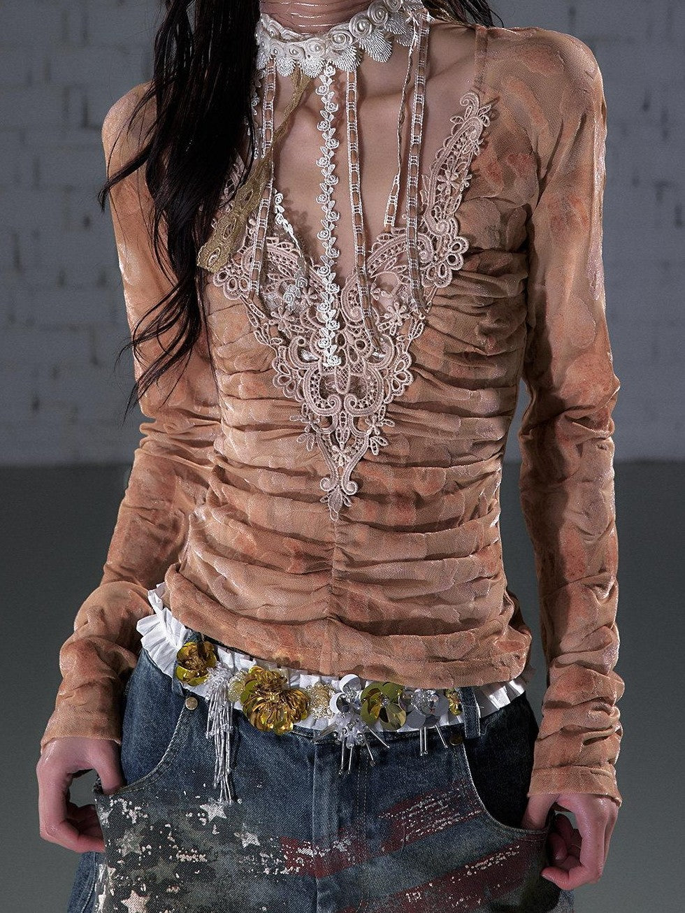 NO ROMANCE Vintage Crochet Flocked Lace Slim V-neck Women&