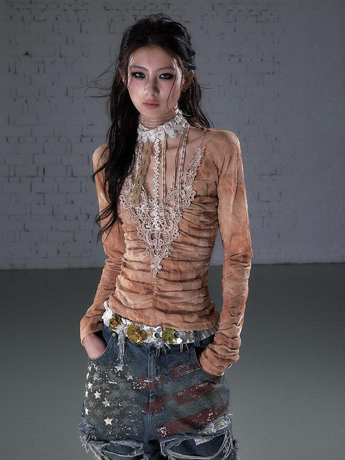 NO ROMANCE Vintage Crochet Flocked Lace Slim V-neck Women&