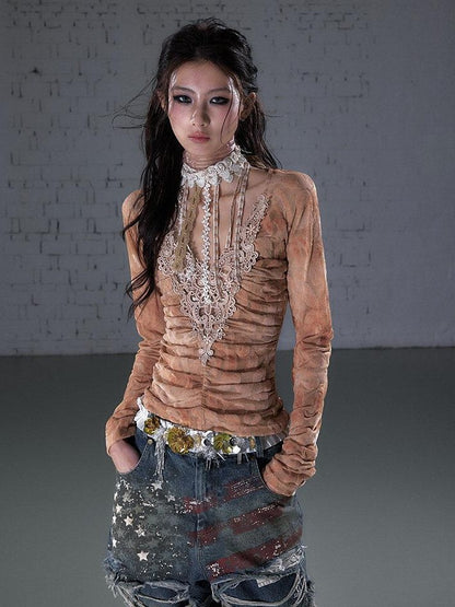 NO ROMANCE Vintage Crochet Flocked Lace Slim V-neck Women&