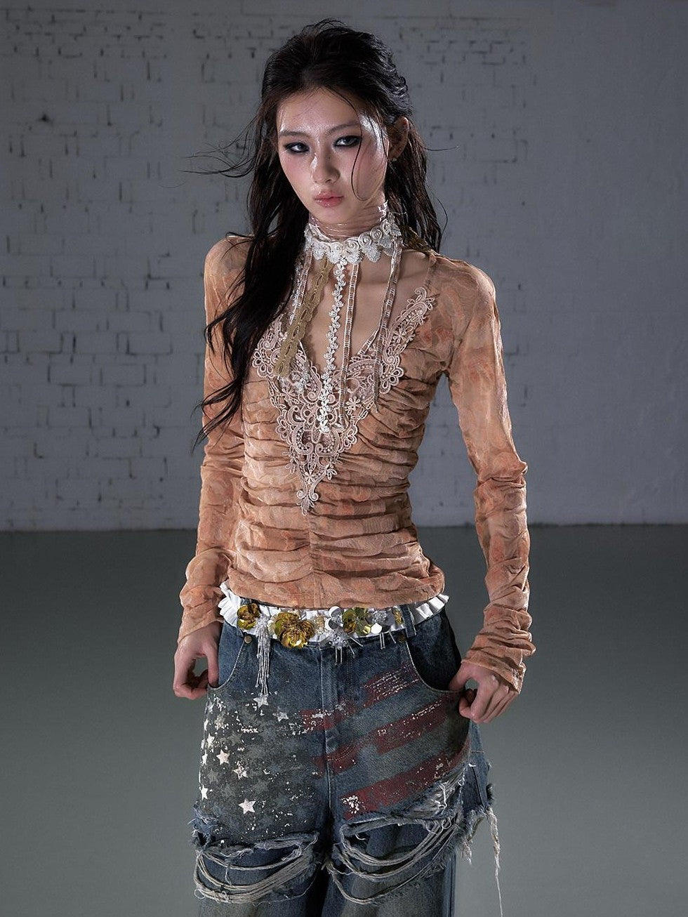 NO ROMANCE Vintage Crochet Flocked Lace Slim V-neck Women&
