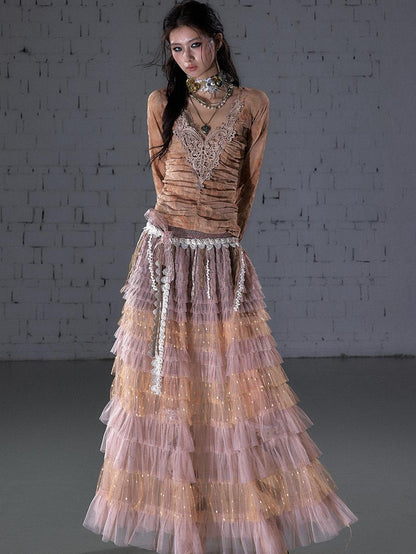 NO ROMANCE Vintage Crochet Flocked Lace Slim V-neck Women&