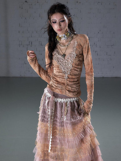 NO ROMANCE Vintage Crochet Flocked Lace Slim V-neck Women&
