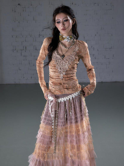 NO ROMANCE Vintage Crochet Flocked Lace Slim V-neck Women&