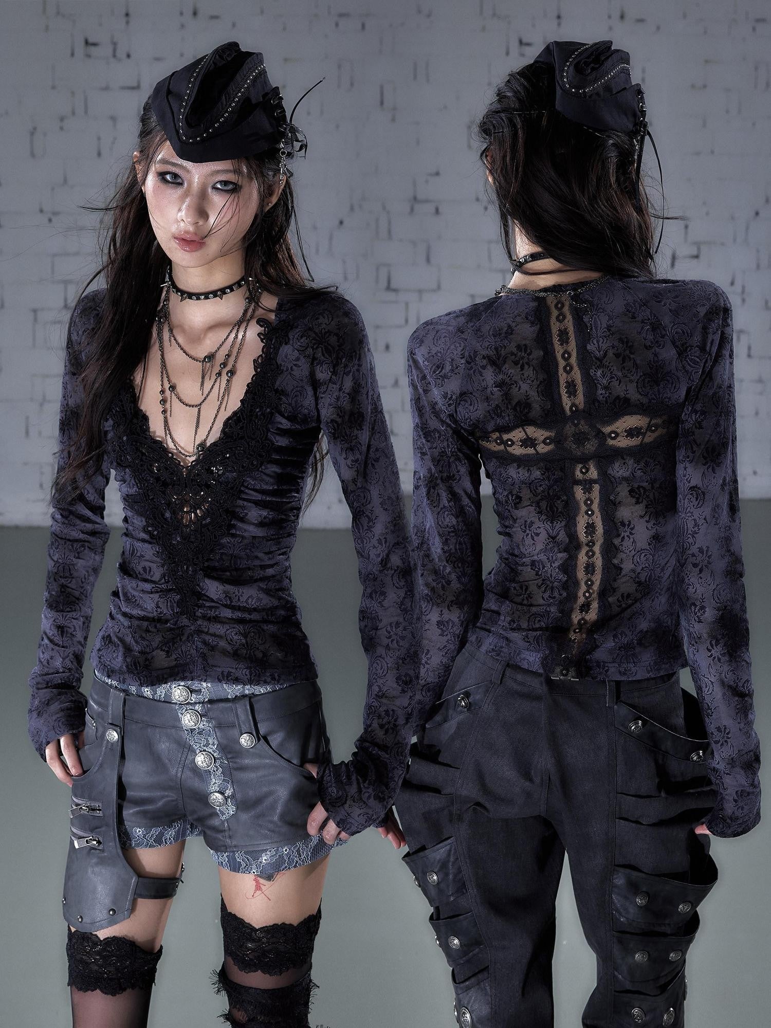 NO ROMANCE Vintage Crochet Flocked Lace Slim V-neck Women&