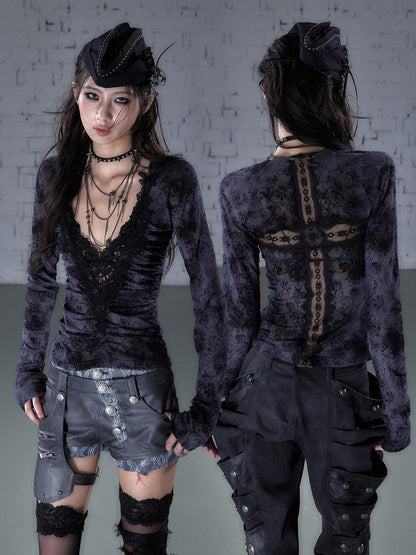 NO ROMANCE Vintage Crochet Flocked Lace Slim V-neck Women&