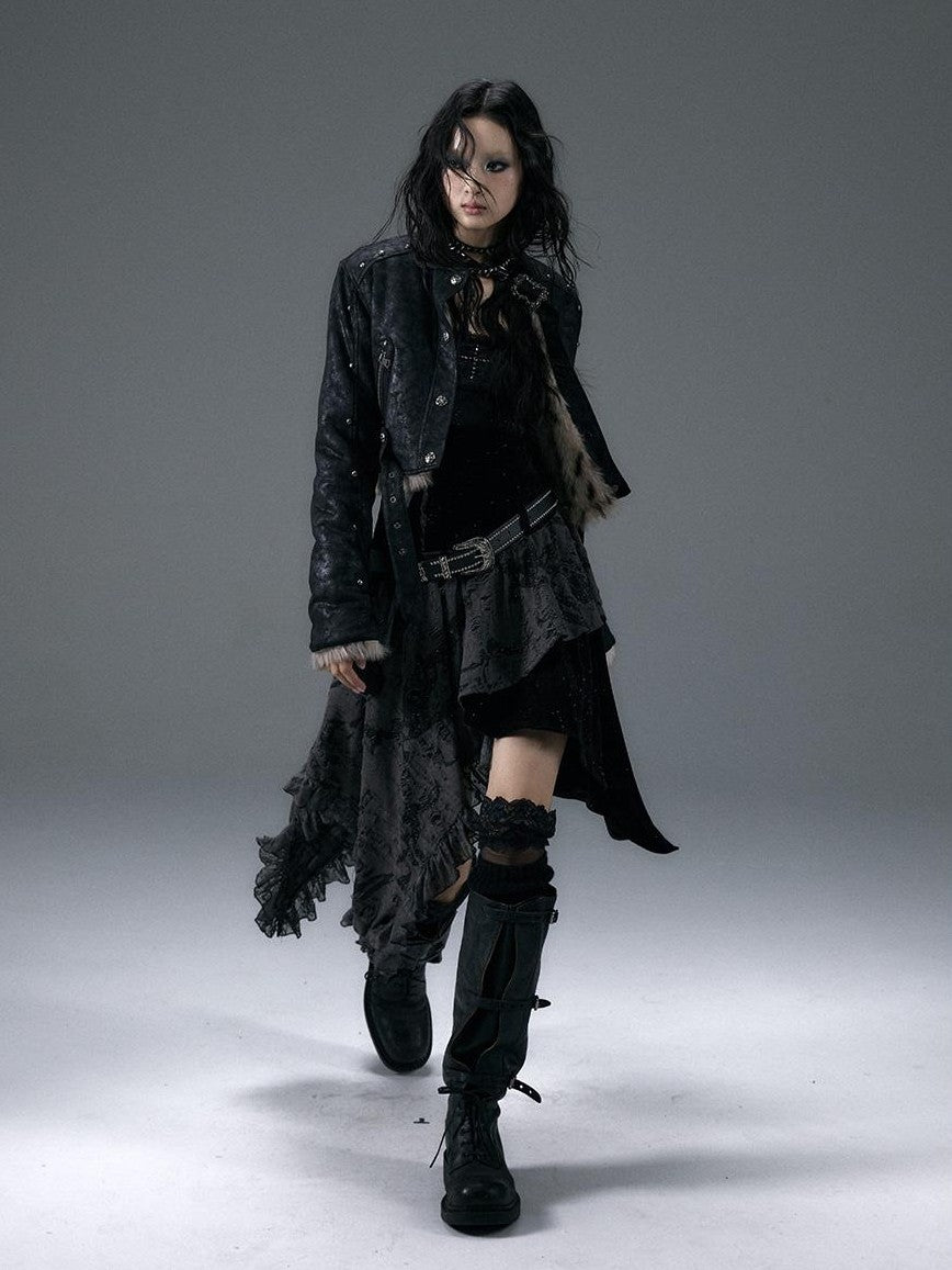 NO ROMANCE Vintage Dark Punk Asymmetric Velvet Spliced Women&