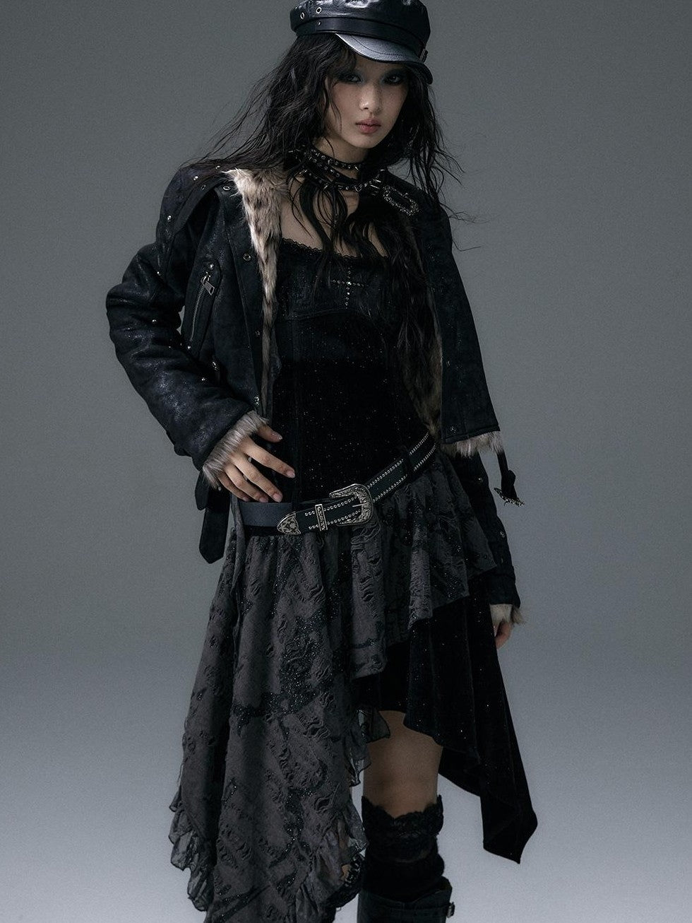 NO ROMANCE Vintage Dark Punk Asymmetric Velvet Spliced Women&