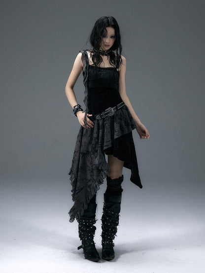 NO ROMANCE Vintage Dark Punk Asymmetric Velvet Spliced Women&
