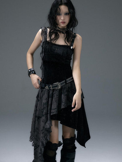 NO ROMANCE Vintage Dark Punk Asymmetric Velvet Spliced Women&