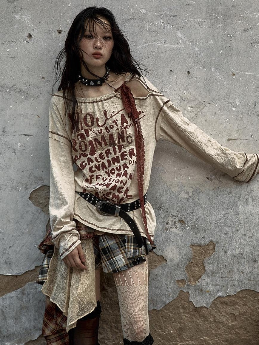NO ROMANCE Vintage Distressed Lace Print Bow Women&