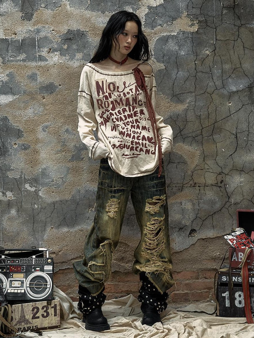 NO ROMANCE Vintage Distressed Lace Print Bow Women&