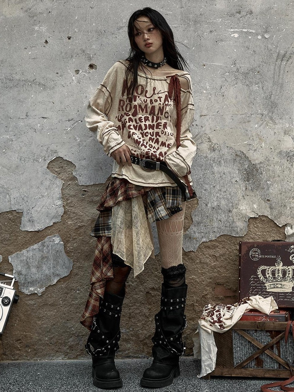 NO ROMANCE Vintage Distressed Lace Print Bow Women&