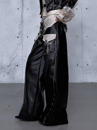 NO ROMANCE Vintage Distressed Low Rise Wide Leg Relaxed Fit Women Faded Black Pants