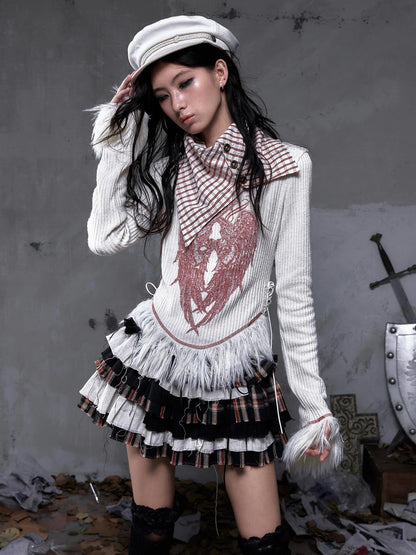 NO ROMANCE Vintage Letter Print Collared Long Sleeve Slim Fit Women Red White T-Shirt