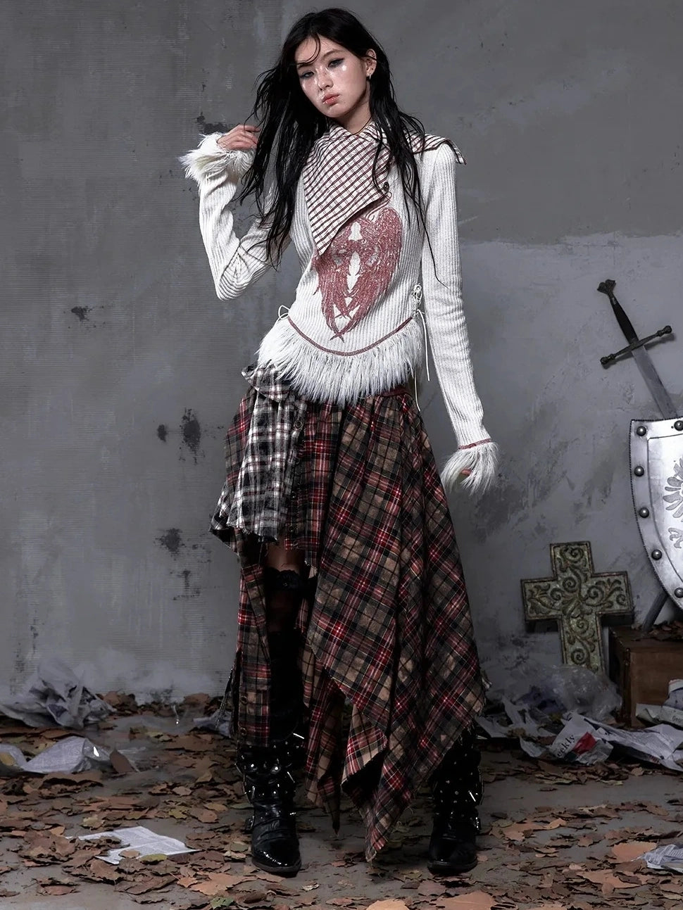 NO ROMANCE Vintage Letter Print Collared Long Sleeve Slim Fit Women Red White T-Shirt