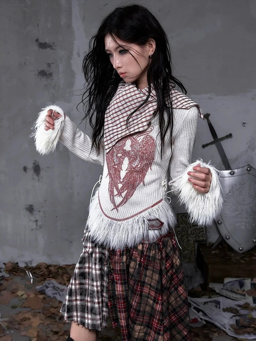 NO ROMANCE Vintage Letter Print Collared Long Sleeve Slim Fit Women Red White T-Shirt