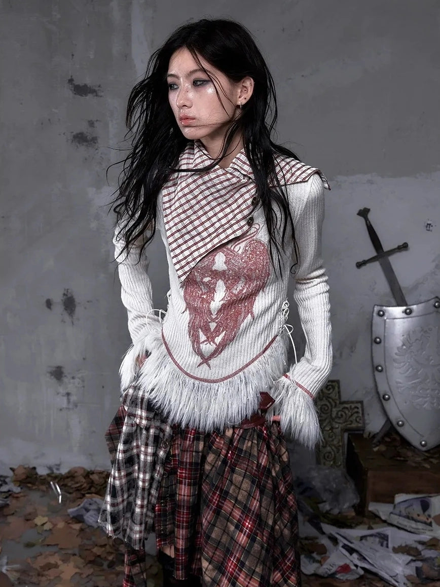 NO ROMANCE Vintage Letter Print Collared Long Sleeve Slim Fit Women Red White T-Shirt