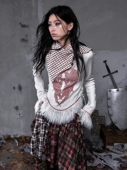 NO ROMANCE Vintage Letter Print Collared Long Sleeve Slim Fit Women Red White T-Shirt