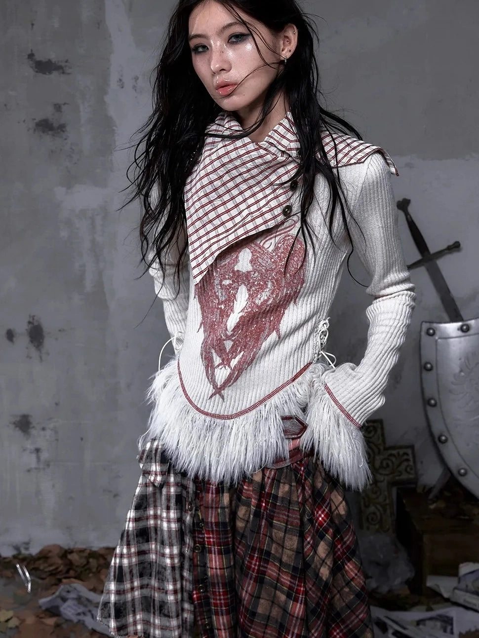 NO ROMANCE Vintage Letter Print Collared Long Sleeve Slim Fit Women Red White T-Shirt