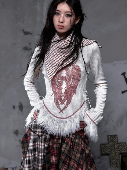 NO ROMANCE Vintage Letter Print Collared Long Sleeve Slim Fit Women Red White T-Shirt