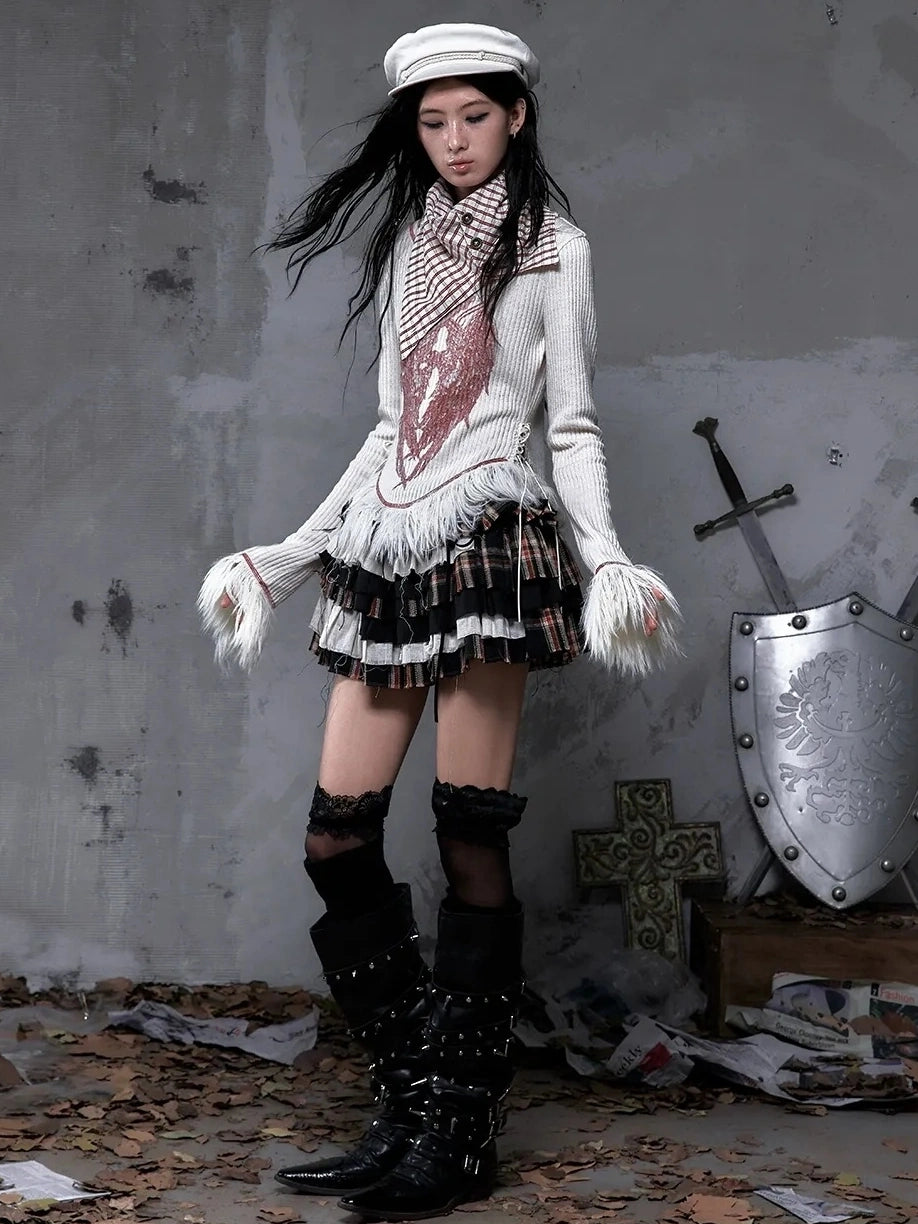 NO ROMANCE Vintage Letter Print Collared Long Sleeve Slim Fit Women Red White T-Shirt