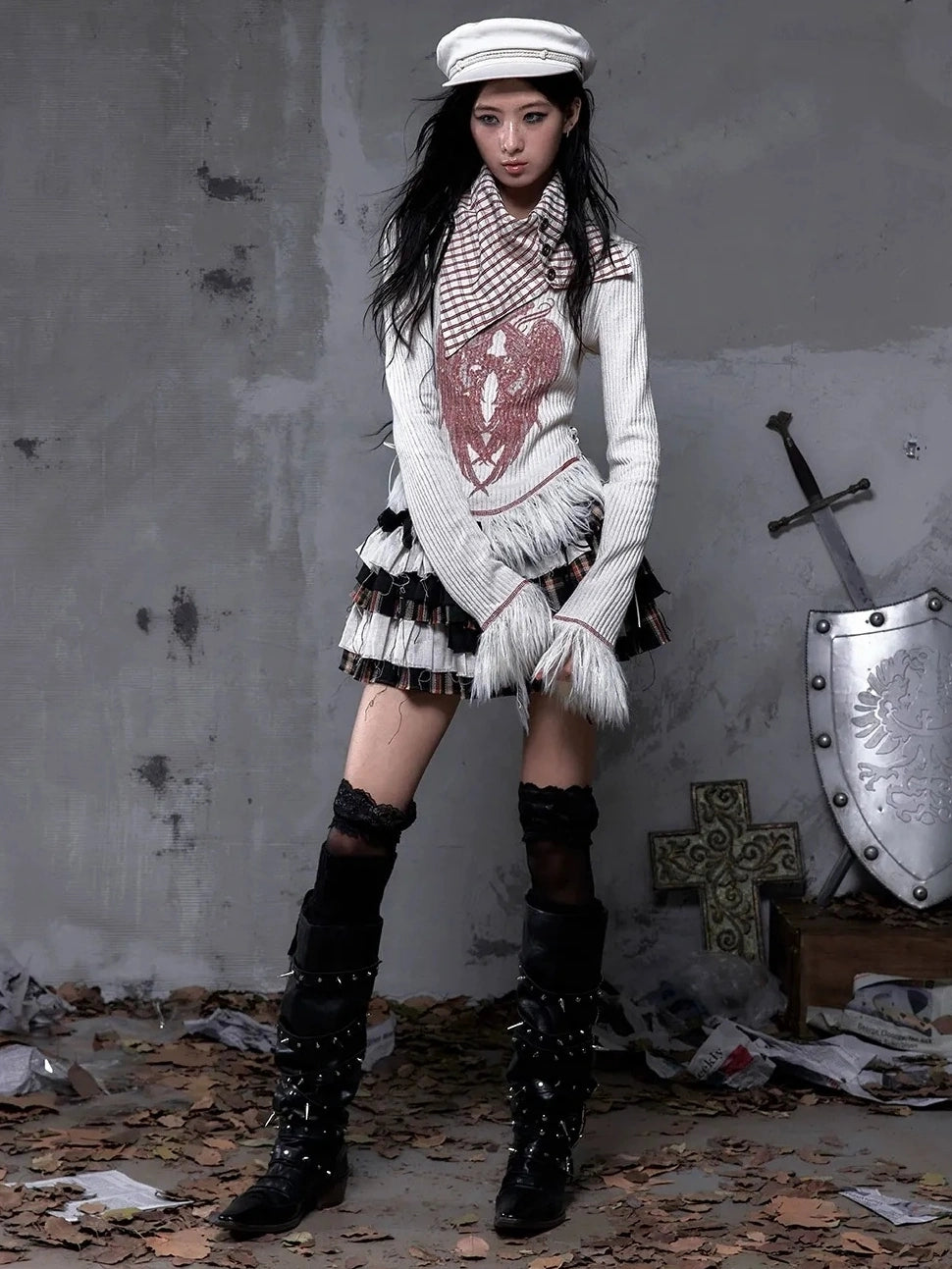 NO ROMANCE Vintage Letter Print Collared Long Sleeve Slim Fit Women Red White T-Shirt