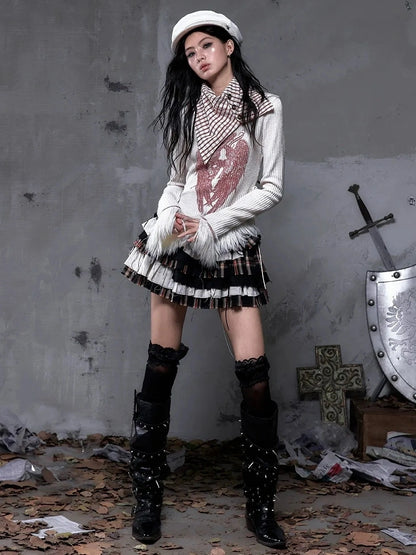 NO ROMANCE Vintage Letter Print Collared Long Sleeve Slim Fit Women Red White T-Shirt