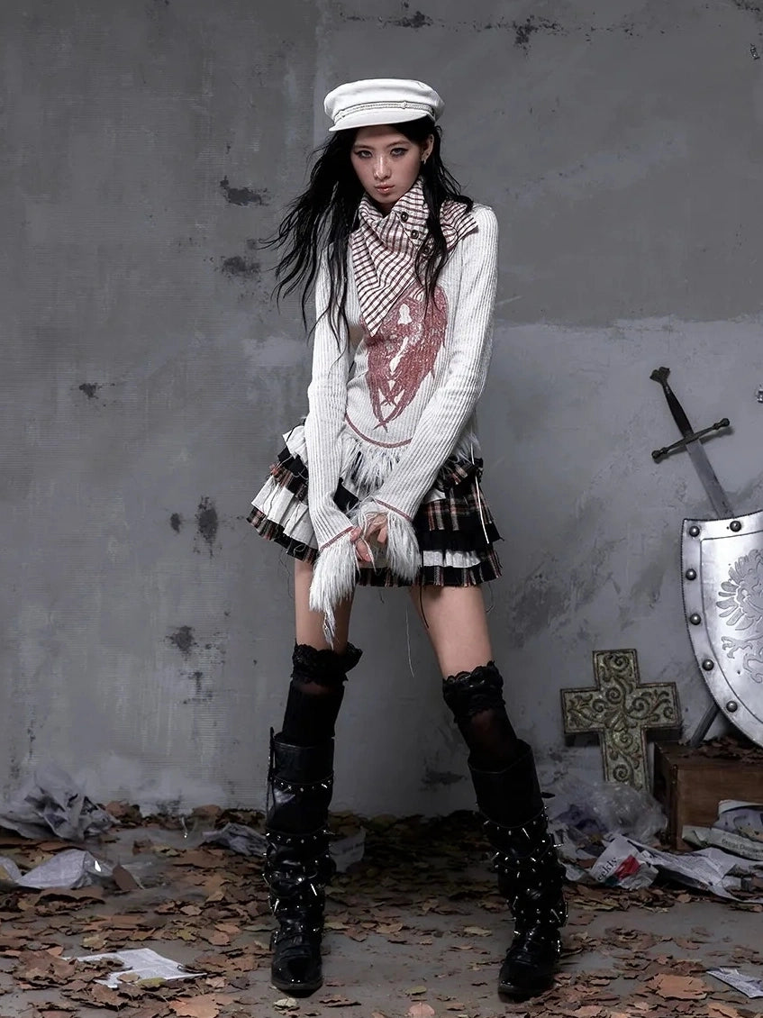 NO ROMANCE Vintage Letter Print Collared Long Sleeve Slim Fit Women Red White T-Shirt