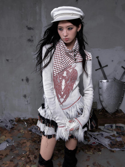 NO ROMANCE Vintage Letter Print Collared Long Sleeve Slim Fit Women Red White T-Shirt