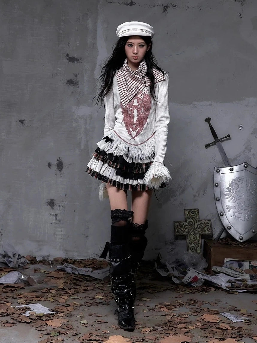 NO ROMANCE Vintage Letter Print Collared Long Sleeve Slim Fit Women Red White T-Shirt