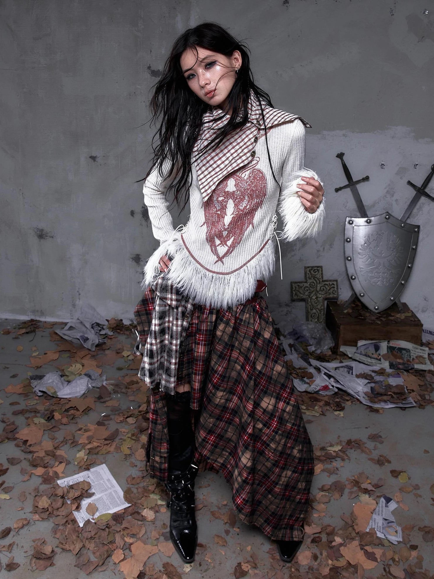 NO ROMANCE Vintage Letter Print Collared Long Sleeve Slim Fit Women Red White T-Shirt