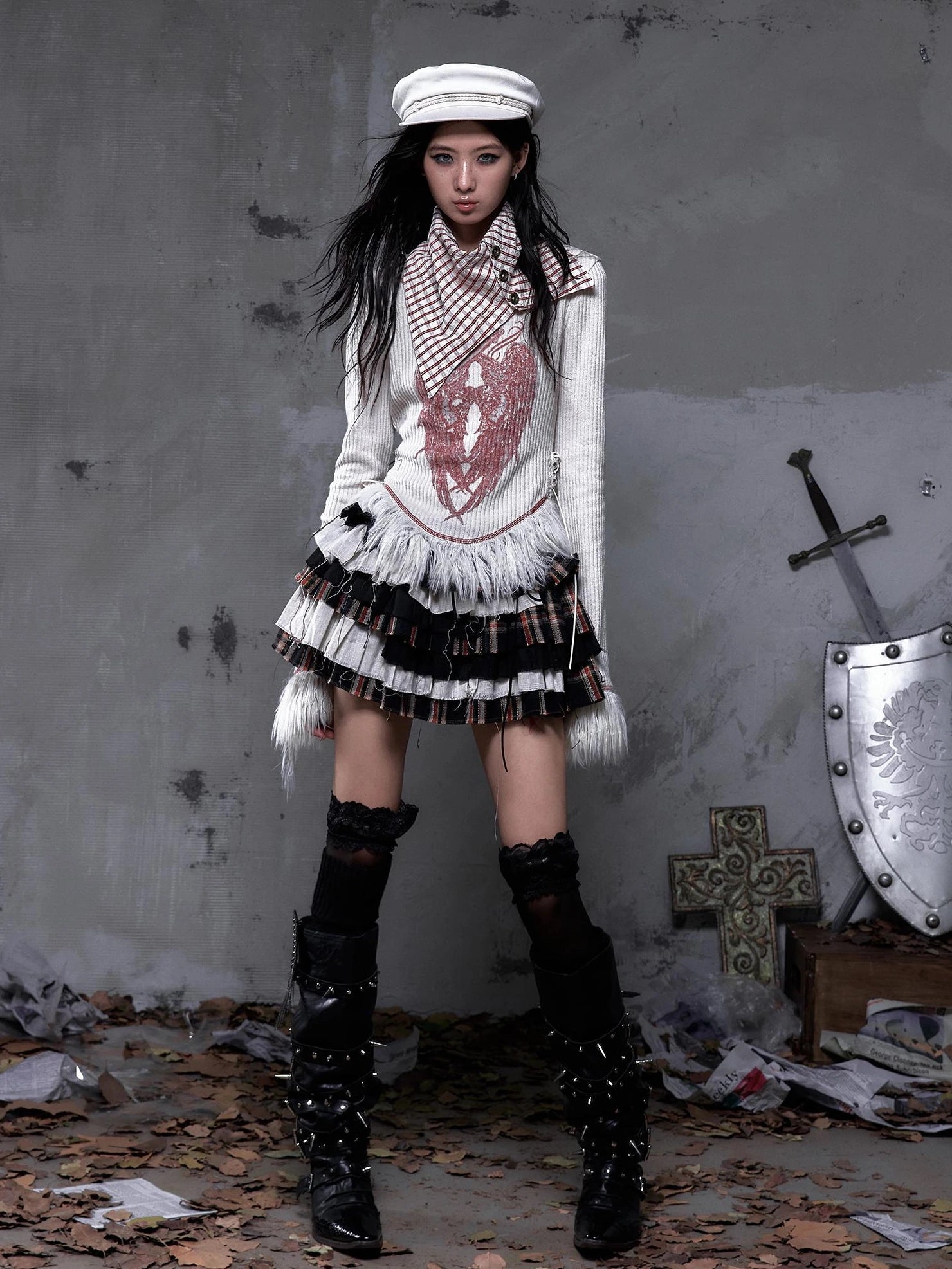 NO ROMANCE Vintage Letter Print Collared Long Sleeve Slim Fit Women Red White T-Shirt