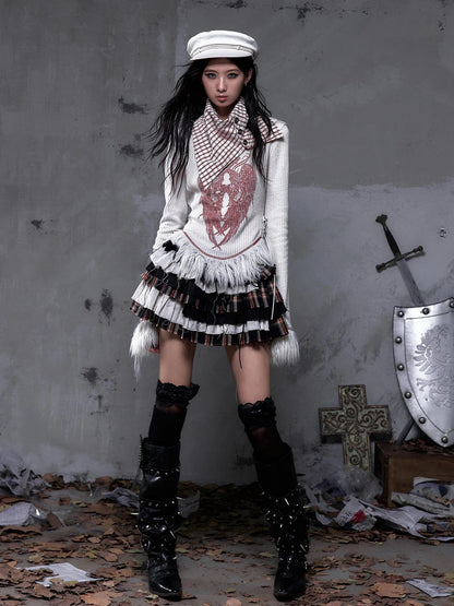 NO ROMANCE Vintage Letter Print Collared Long Sleeve Slim Fit Women Red White T-Shirt