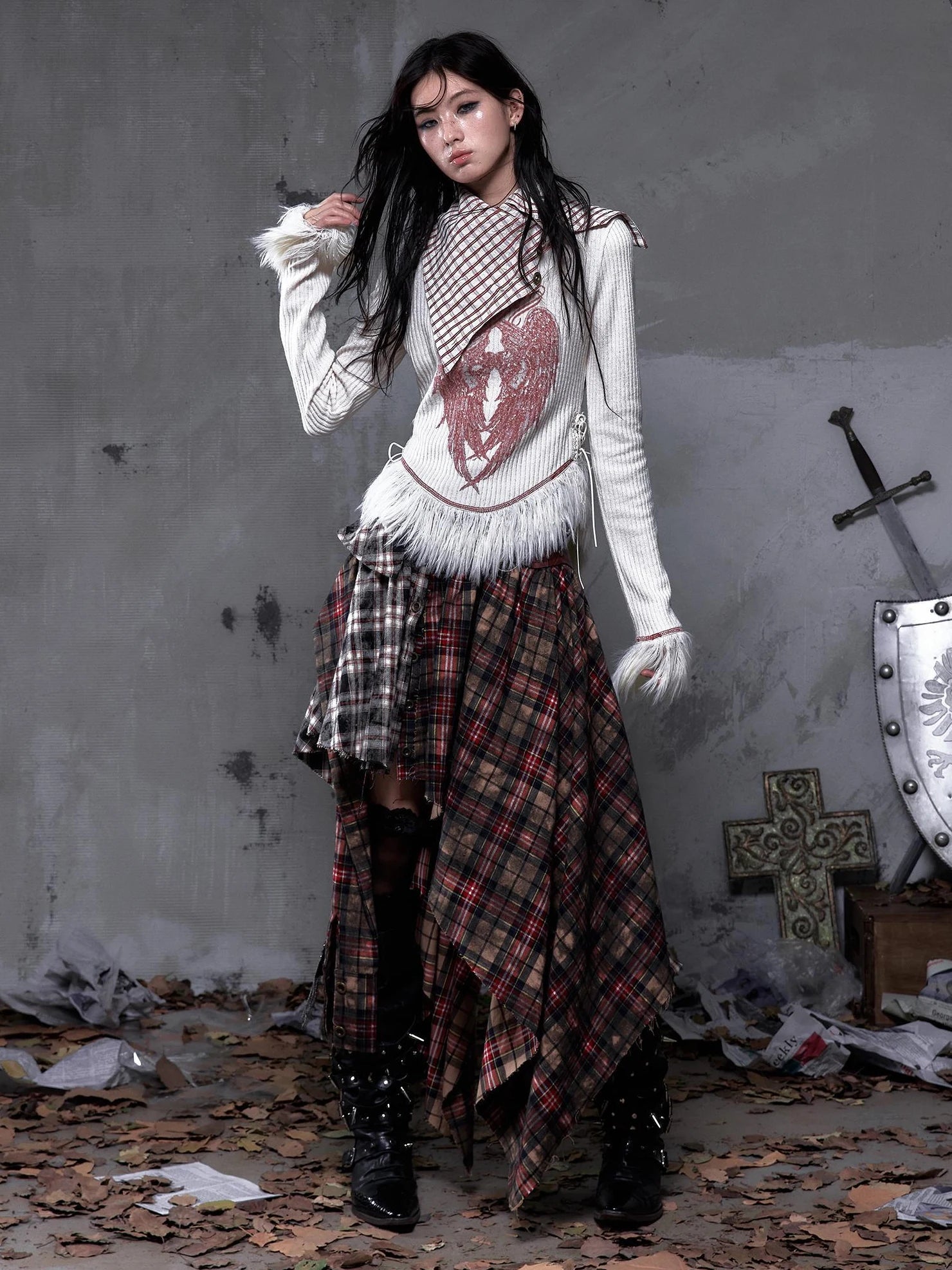 NO ROMANCE Vintage Letter Print Collared Long Sleeve Slim Fit Women Red White T-Shirt