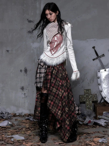 NO ROMANCE Vintage Letter Print Collared Long Sleeve Slim Fit Women Red White T-Shirt