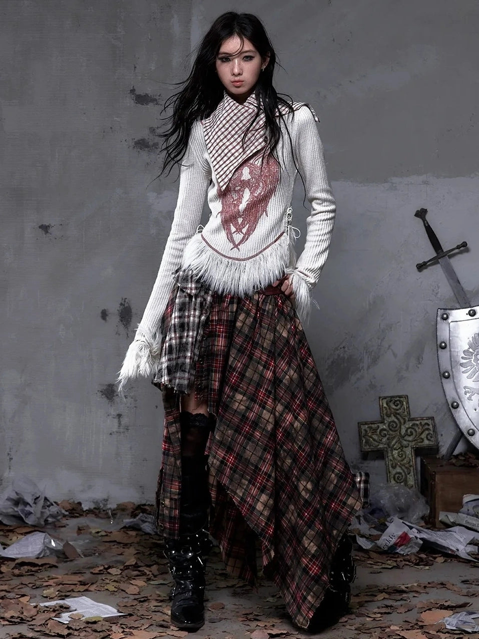 NO ROMANCE Vintage Letter Print Collared Long Sleeve Slim Fit Women Red White T-Shirt