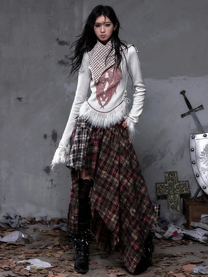 NO ROMANCE Vintage Letter Print Collared Long Sleeve Slim Fit Women Red White T-Shirt