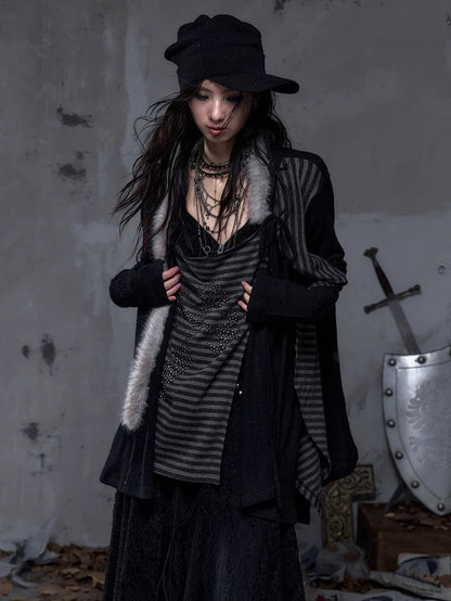 NO ROMANCE Vintage Oversized Striped V Neck Knit Open Front Women Cozy Sweater