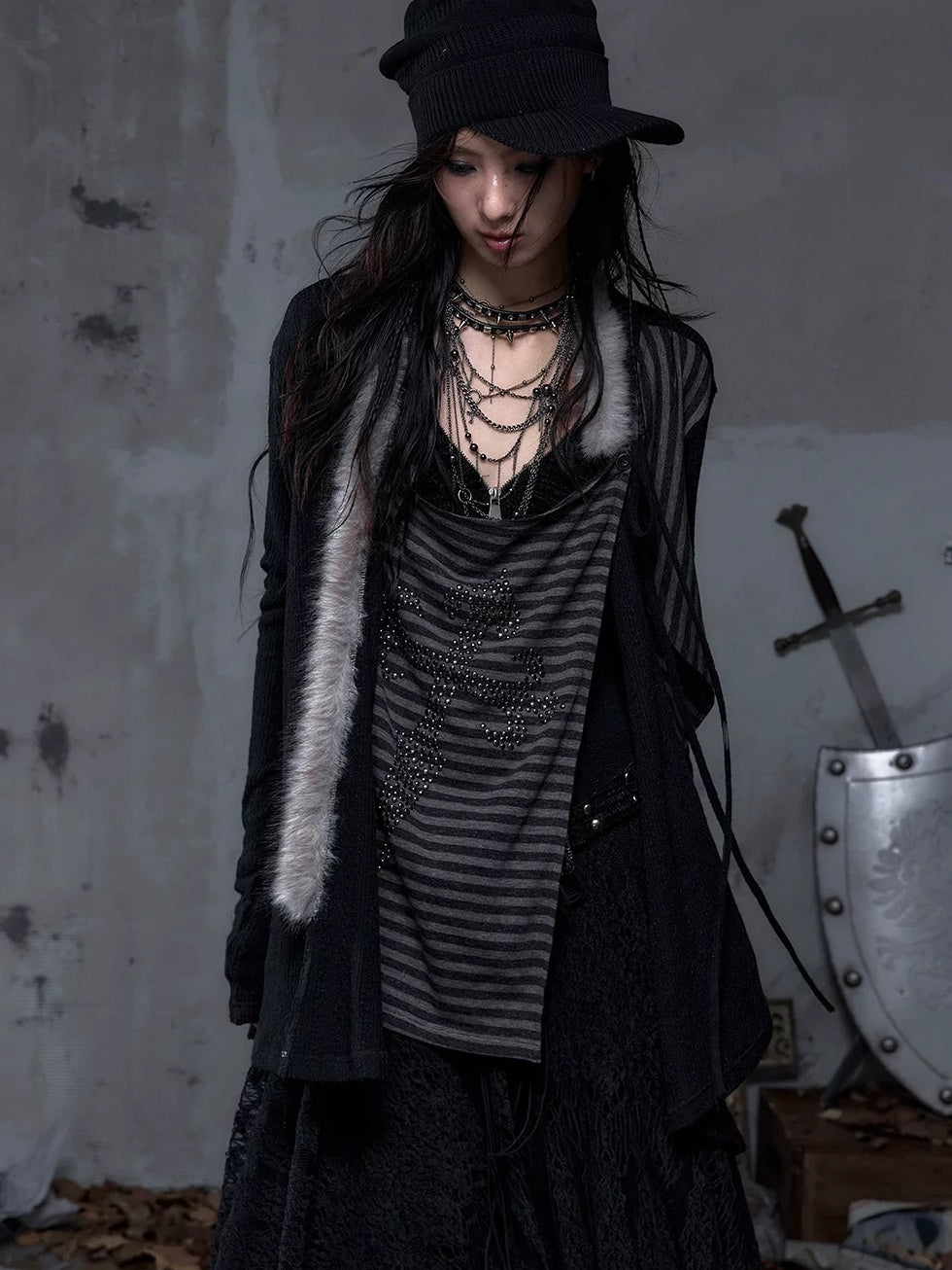 NO ROMANCE Vintage Oversized Striped V Neck Knit Open Front Women Cozy Sweater