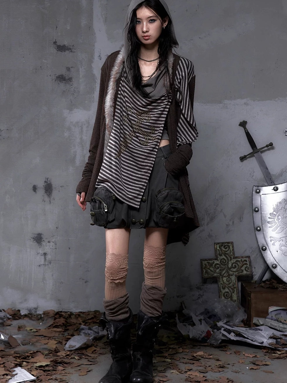 NO ROMANCE Vintage Oversized Striped V Neck Knit Open Front Women Cozy Sweater
