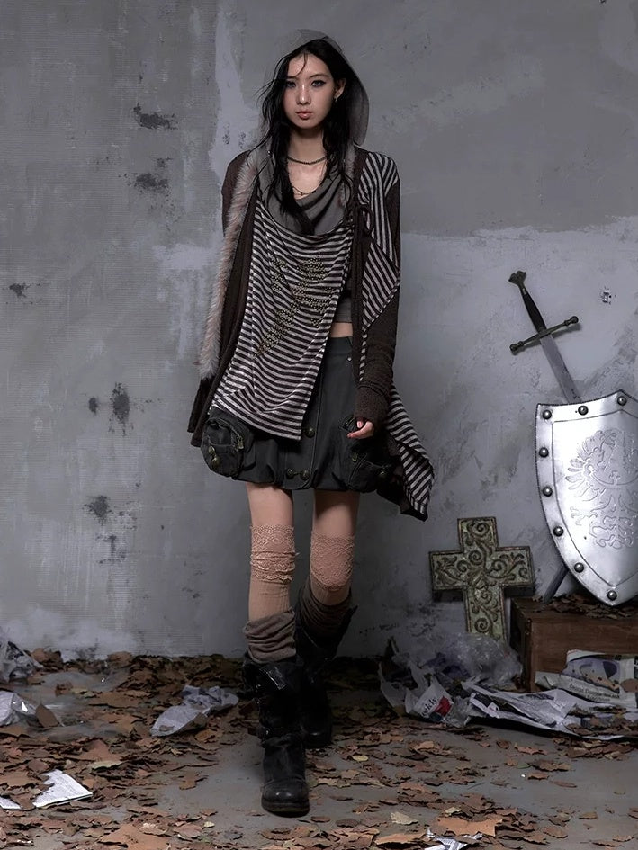 NO ROMANCE Vintage Oversized Striped V Neck Knit Open Front Women Cozy Sweater