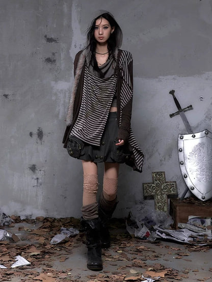 NO ROMANCE Vintage Oversized Striped V Neck Knit Open Front Women Cozy Sweater