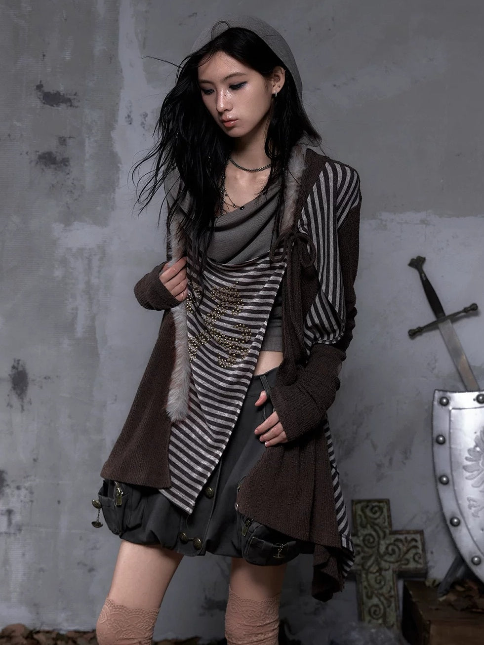 NO ROMANCE Vintage Oversized Striped V Neck Knit Open Front Women Cozy Sweater