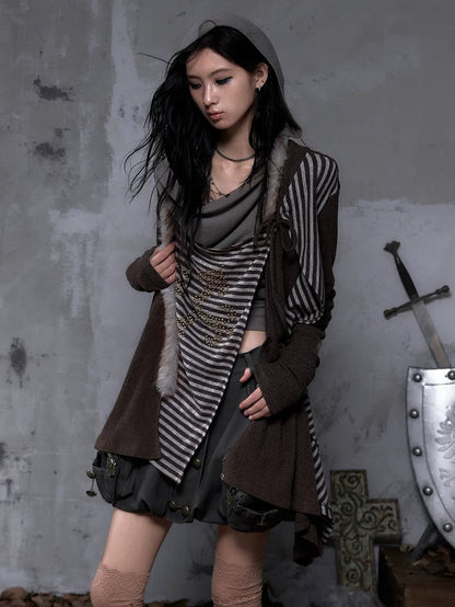 NO ROMANCE Vintage Oversized Striped V Neck Knit Open Front Women Cozy Sweater
