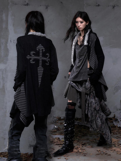 NO ROMANCE Vintage Oversized Striped V Neck Knit Open Front Women Cozy Sweater